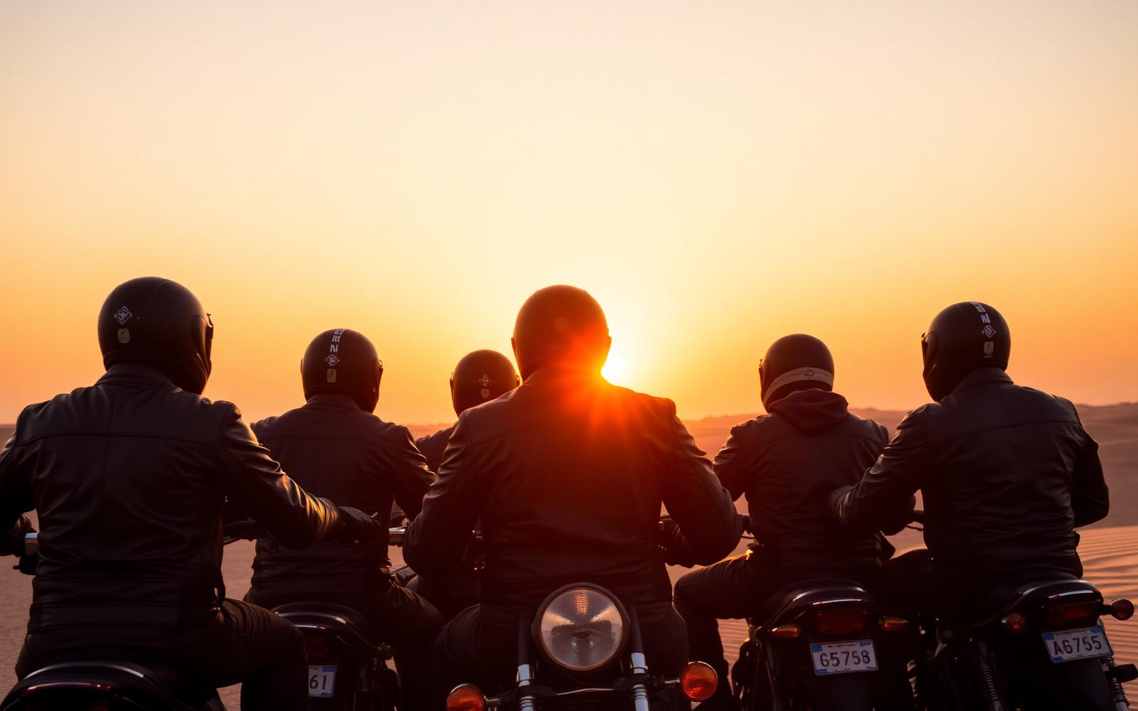 Riders silhouetted against a desert sunset