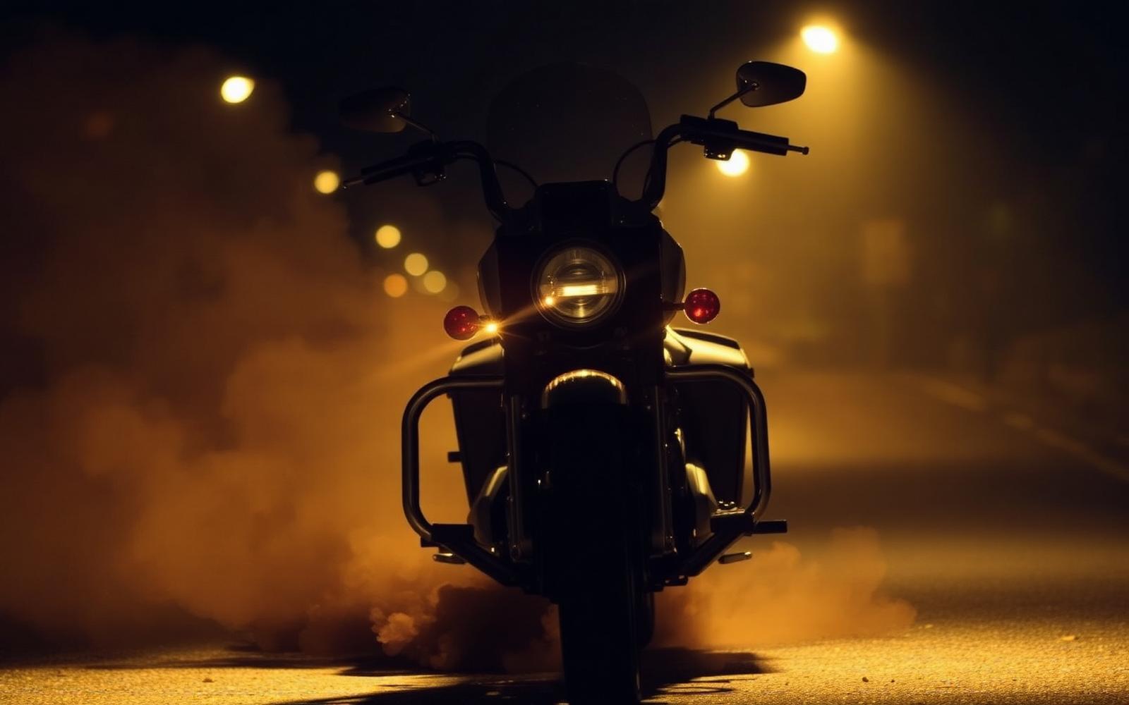 Bike emerging through dust on a city street